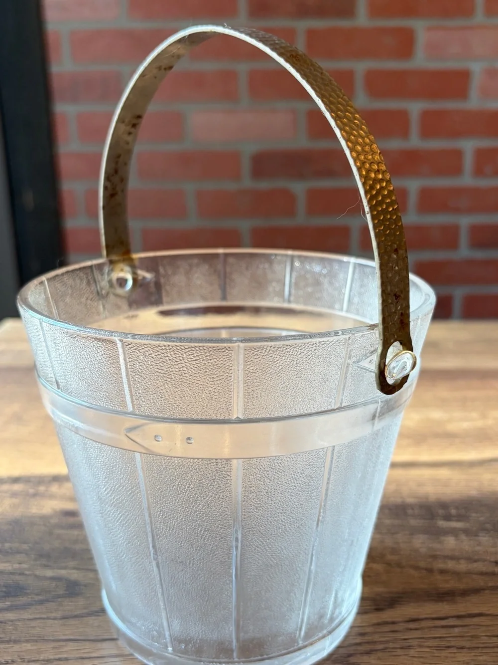 Vintage Clear Textured Glass Ice Bucket with Metal Swing Handle~Mid Century Era